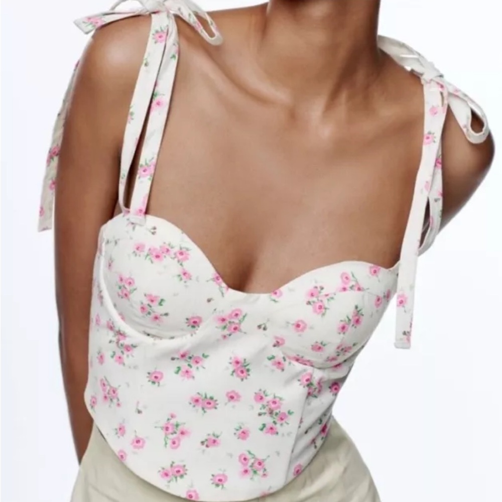 ZARA Floral Bustier Corset Crop Top Beige Pink Size Small